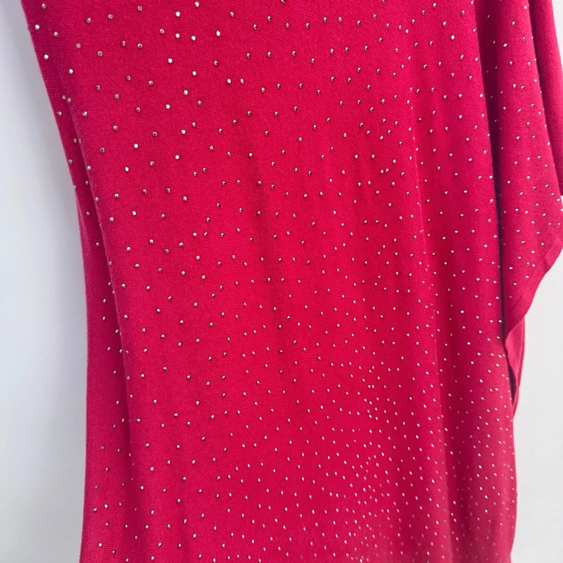 Laetitia Mem Burgundy Embellished Asymmetrical Poncho Pom Pom Hem - Image 6
