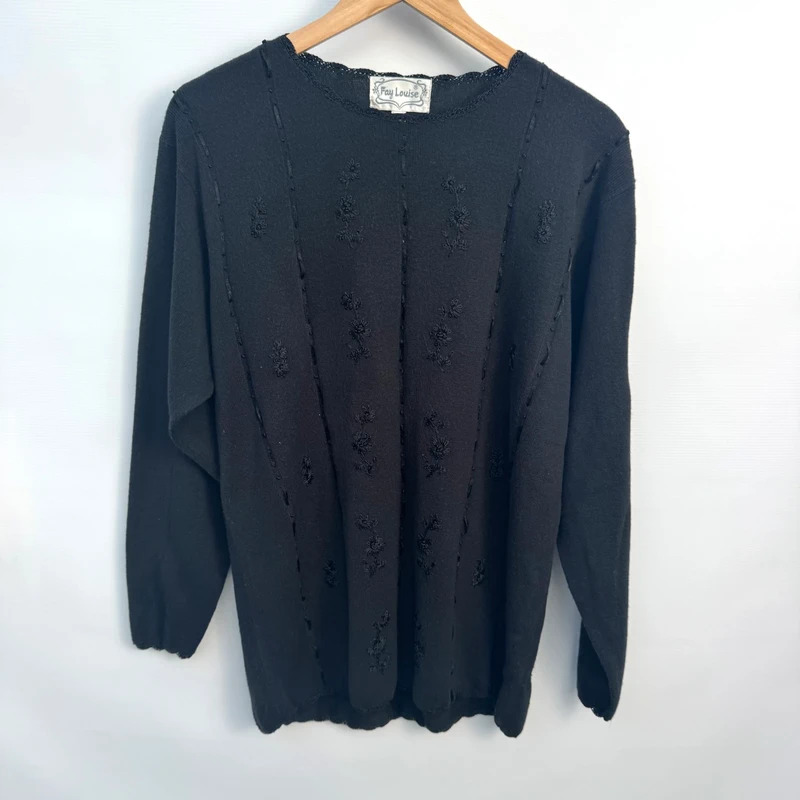 Vintage Fay Louise Black Floral Embroidered Jumper Size UK 14–16 Acrylic