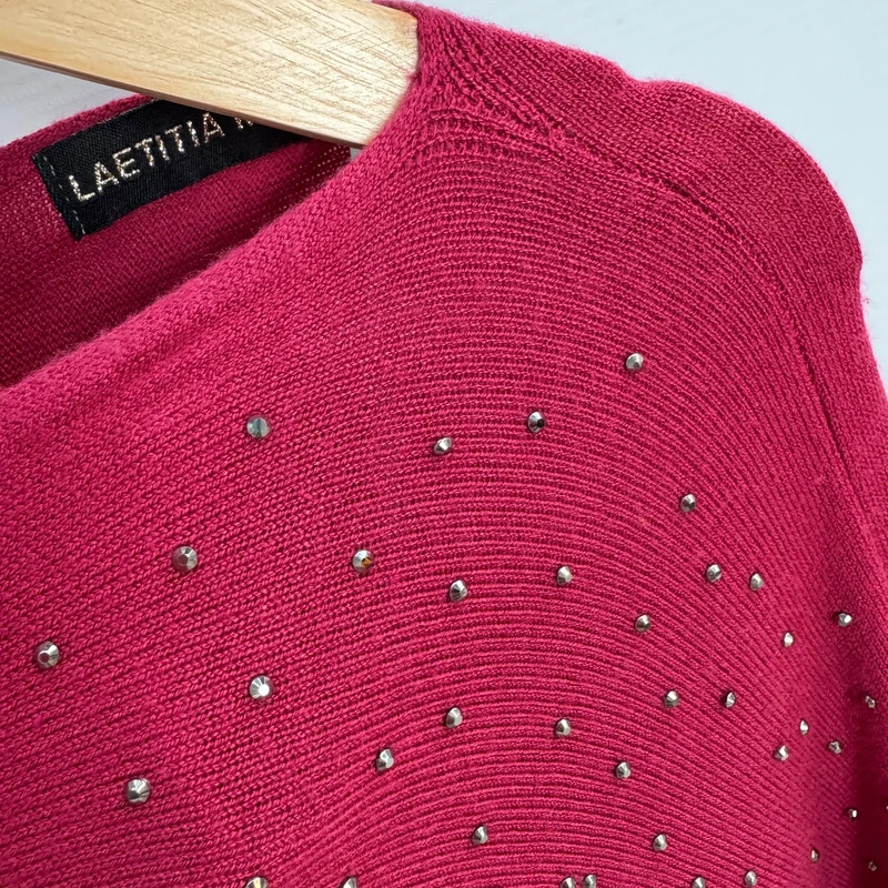 Laetitia Mem Burgundy Embellished Asymmetrical Poncho Pom Pom Hem - Image 8