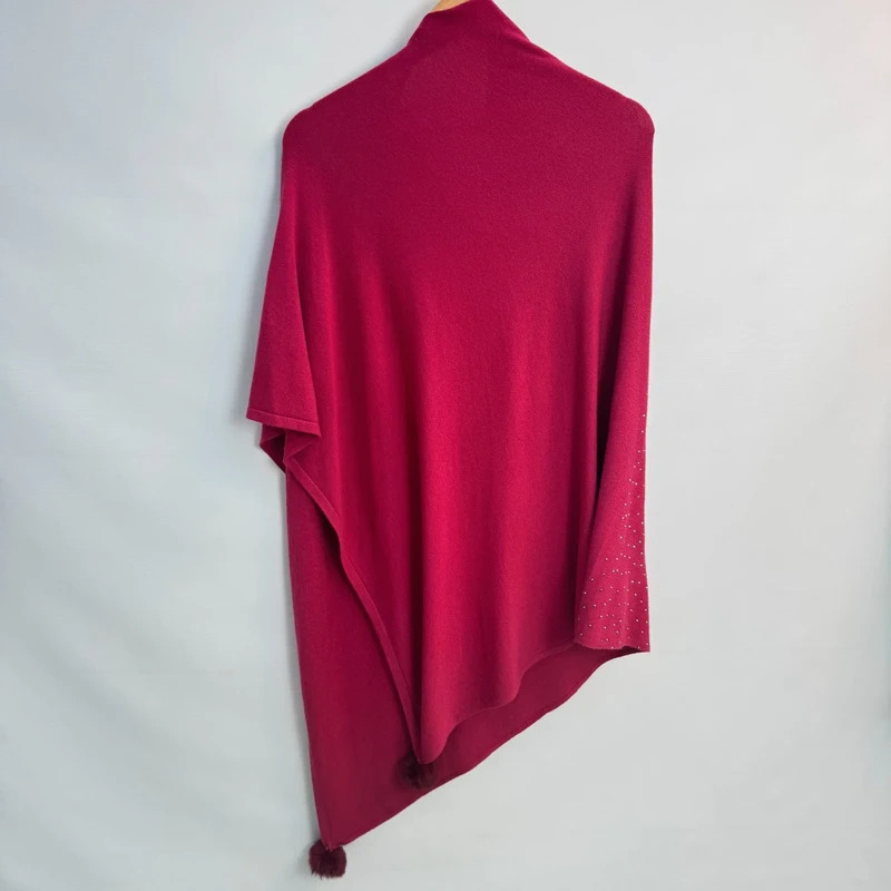 Laetitia Mem Burgundy Embellished Asymmetrical Poncho Pom Pom Hem - Image 9