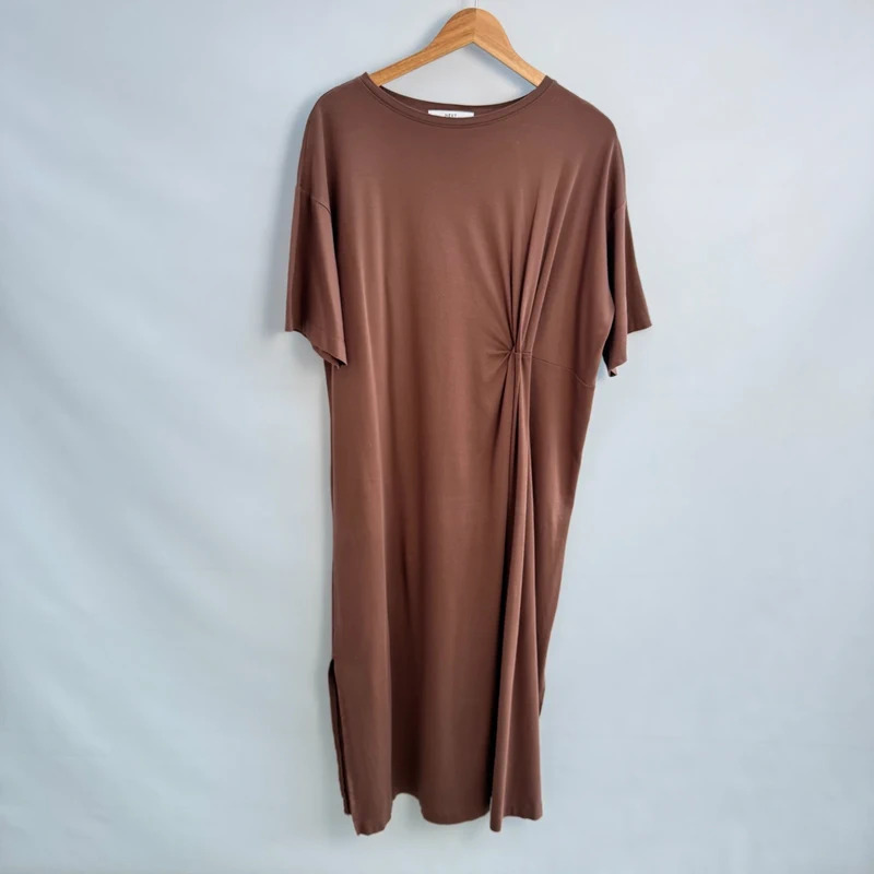 NEXT Cotton Midi Dress UK 12 Chocolate Brown Twist Front Short Sleeve Side Slit