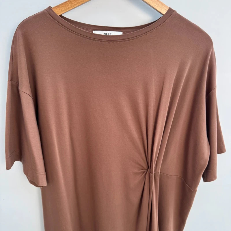 NEXT Cotton Midi Dress UK 12 Chocolate Brown Twist Front Short Sleeve Side Slit - Image 2
