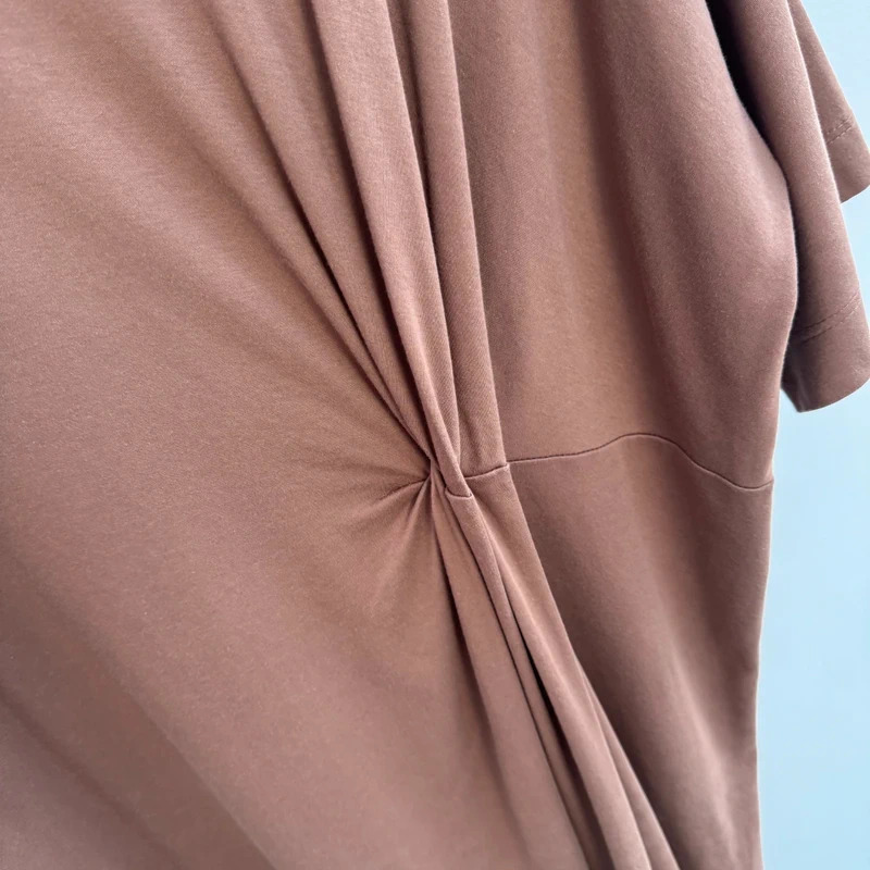 NEXT Cotton Midi Dress UK 12 Chocolate Brown Twist Front Short Sleeve Side Slit - Image 3