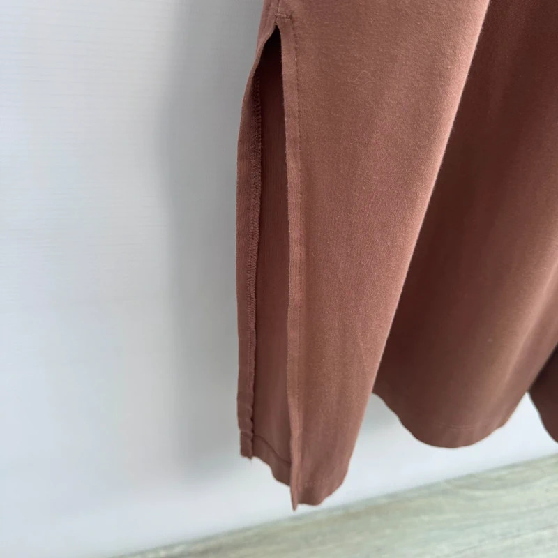 NEXT Cotton Midi Dress UK 12 Chocolate Brown Twist Front Short Sleeve Side Slit - Image 4