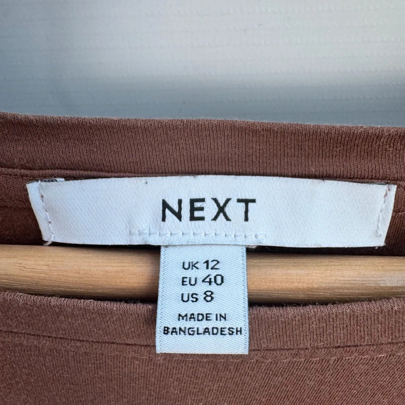 NEXT Cotton Midi Dress UK 12 Chocolate Brown Twist Front Short Sleeve Side Slit - Image 5