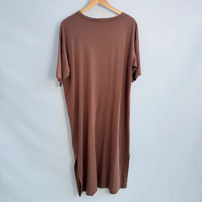 NEXT Cotton Midi Dress UK 12 Chocolate Brown Twist Front Short Sleeve Side Slit - Image 6