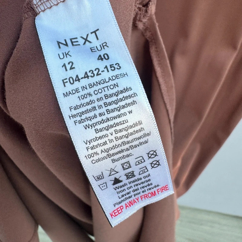 NEXT Cotton Midi Dress UK 12 Chocolate Brown Twist Front Short Sleeve Side Slit - Image 7
