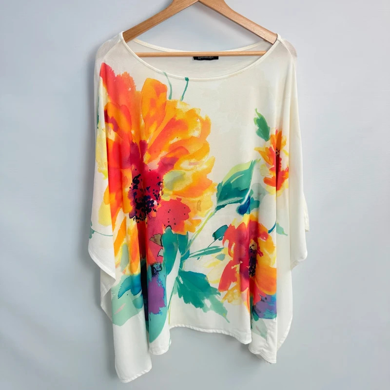 Kaleidoscope Watercolour Floral Oversized Batwing Top Cream Multi UK 18