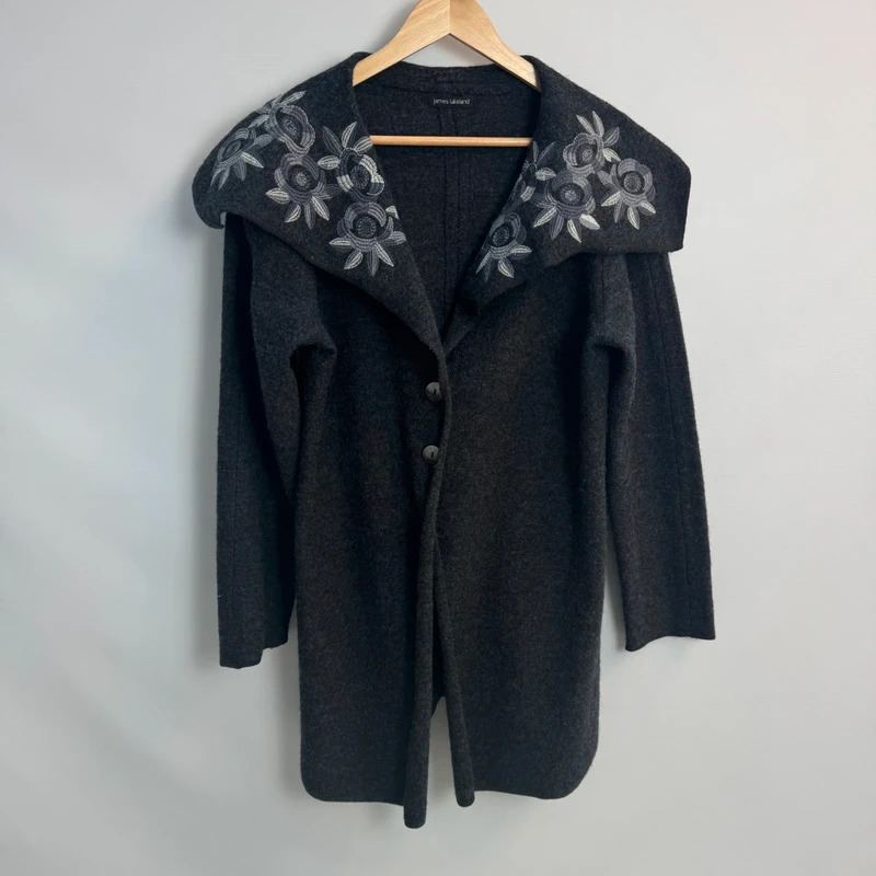 James Lakeland Charcoal Wool Coat Embroidered Collar Midi UK 12–14