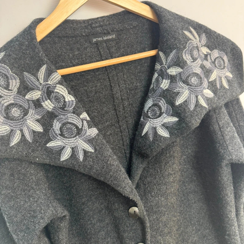 James Lakeland Charcoal Wool Coat Embroidered Collar Midi UK 12–14 - Image 2