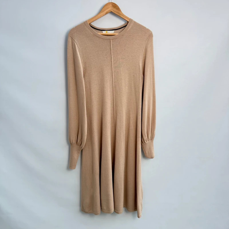 Boden Knit Midi Dress UK 12L Oatmeal Camel Cashmere Wool Blend Balloon Sleeve