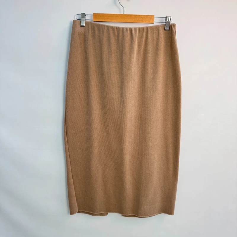 Zara Camel Knit Midi Skirt UK 12–14 Elastic Waist Back Slit Neutral Pencil
