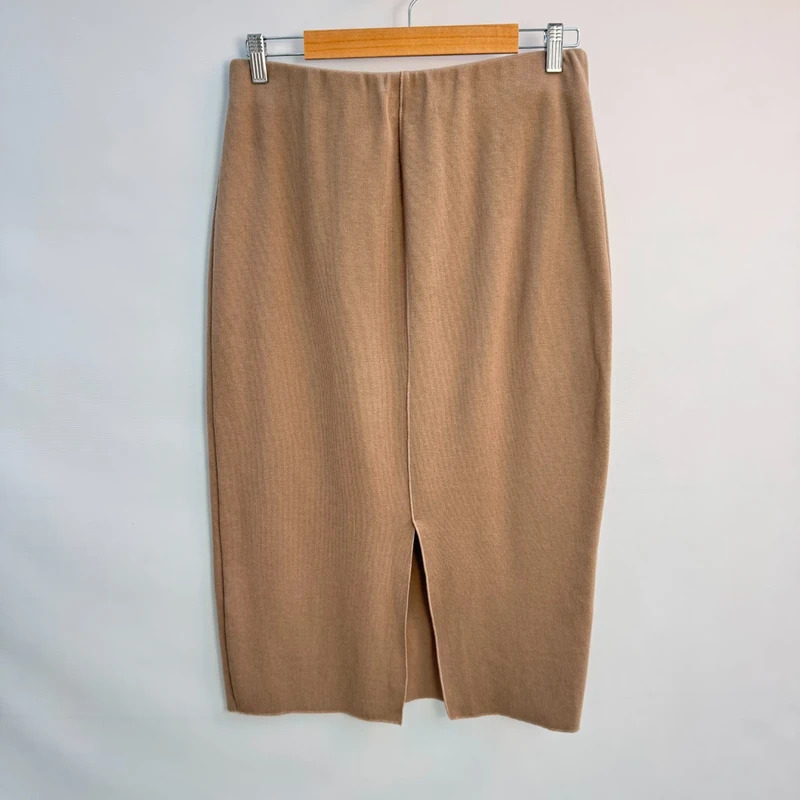 Zara Camel Knit Midi Skirt UK 12–14 Elastic Waist Back Slit Neutral Pencil - Image 3