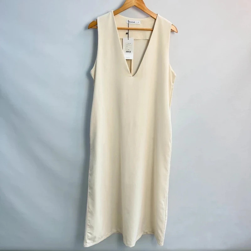 BNWT Touché Privé Cream V-Neck Crepe Jile Midi Dress - Size 2 UK 10-12