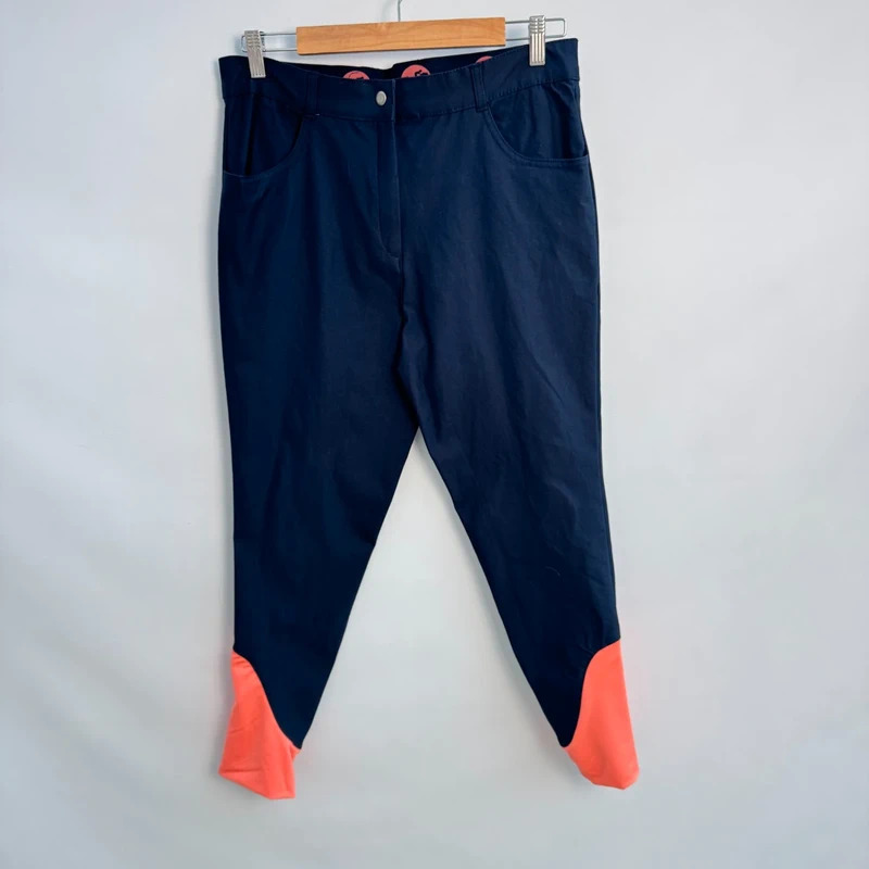 Equestrian Navy Breeches 32in Waist UK 14 Coral Stretch Ankle Grip Ladies Riding
