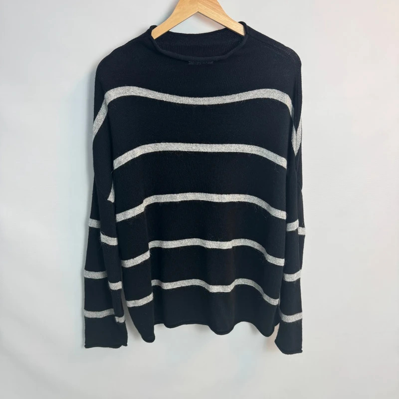 Sahara Black Silver Stripe Knit Jumper M/L UK 12 14 16 Merino Cashmere Blend Made in Italy