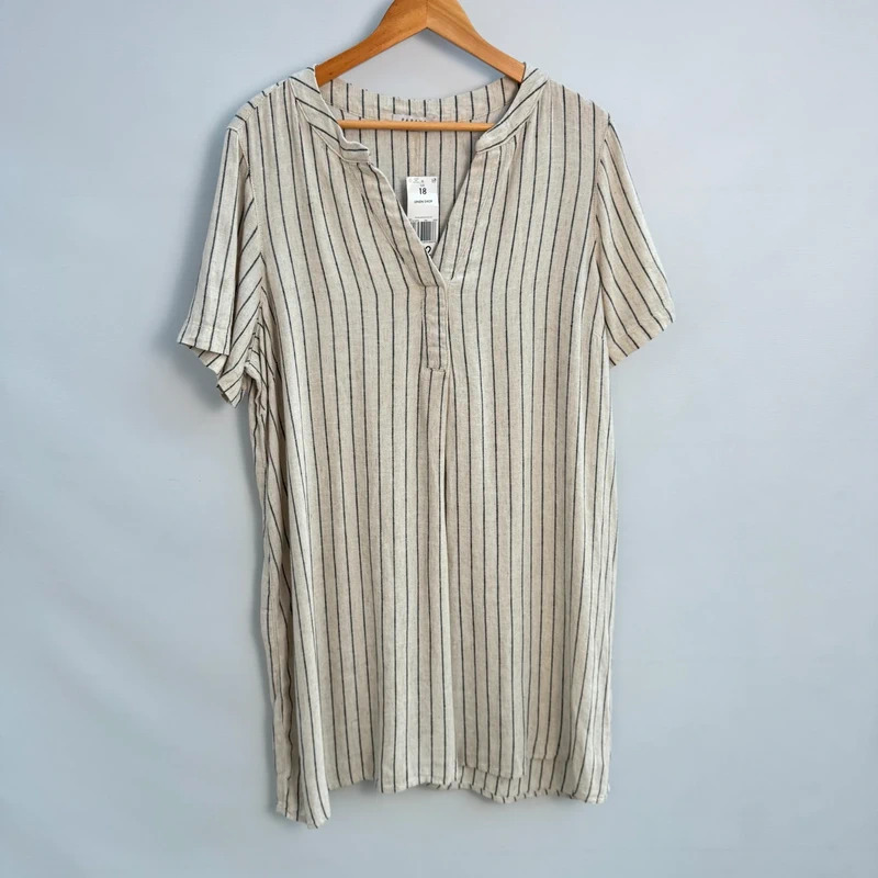 Papaya Linen Shop Tunic Top UK 18 Oatmeal Black Stripe V-Neck Short Sleeve BNWT rrp £22