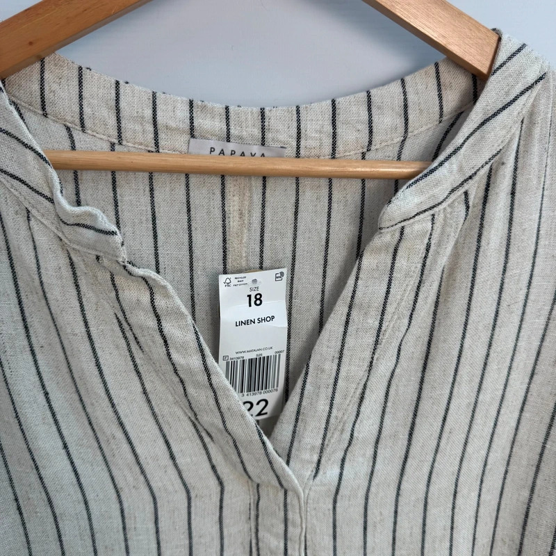 Papaya Linen Shop Tunic Top UK 18 Oatmeal Black Stripe V-Neck Short Sleeve BNWT rrp £22 - Image 3