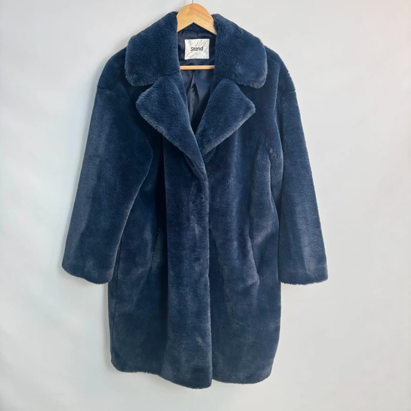 Stand Studio Navy Faux Fur Coat Notched Collar Cocoon Midi UK 12–14