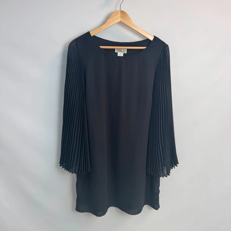 Robbie Bee Black Pleated Sleeve Tunic Dress Shift US 10 UK 16 Party Occasion