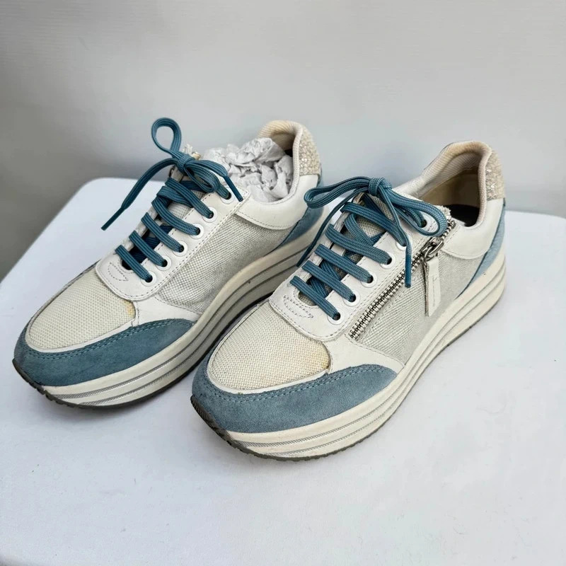 Geox D Kency White Light Sky Blue Suede Mesh Platform Trainers UK 6 EUR 39