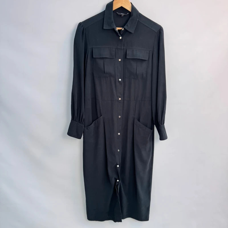 Next Black Utility Maxi Shirt Dress UK 12 Gold Button Long Sleeve Belt Missing
