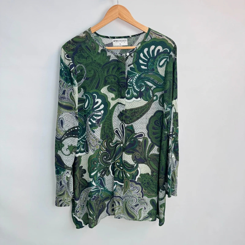 One Season Australia Green Paisley Tunic Blouse XL / UK 18 Relaxed Fit Viscose