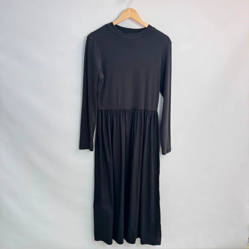 River Island Black Maxi Dress Long Sleeve Gathered Waist UK 14 EUR 40