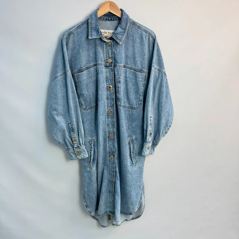 River Island Denim Shirt Dress M UK 12–14 Light Wash Oversized Balloon Sleeve Midi