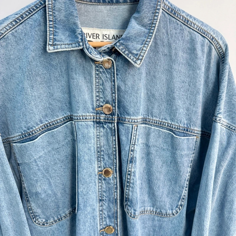 River Island Denim Shirt Dress M UK 12–14 Light Wash Oversized Balloon Sleeve Midi - Image 2