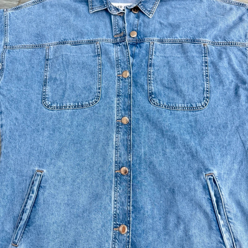 River Island Denim Shirt Dress M UK 12–14 Light Wash Oversized Balloon Sleeve Midi - Image 12