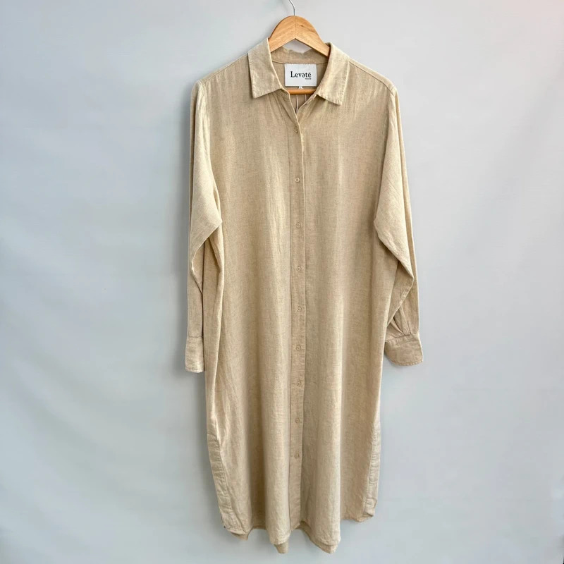 Levete Room Oatmeal Linen Blend Maxi Shirt Dress Size L UK 14 16 18 Relaxed Long Sleeve