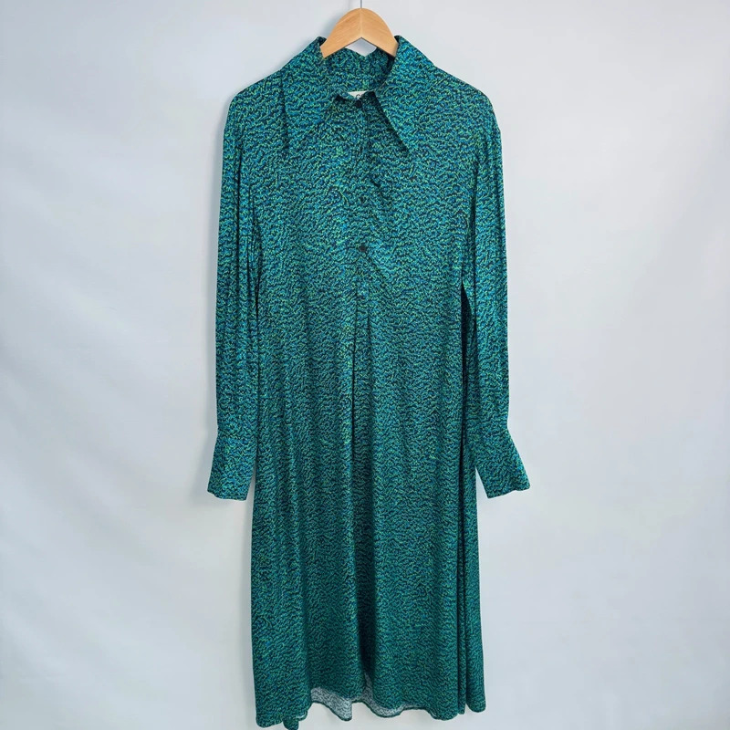 COS Dress EUR 38 UK 10–12 Green Blue Abstract 100% Viscose Maxi Length Long Sleeve