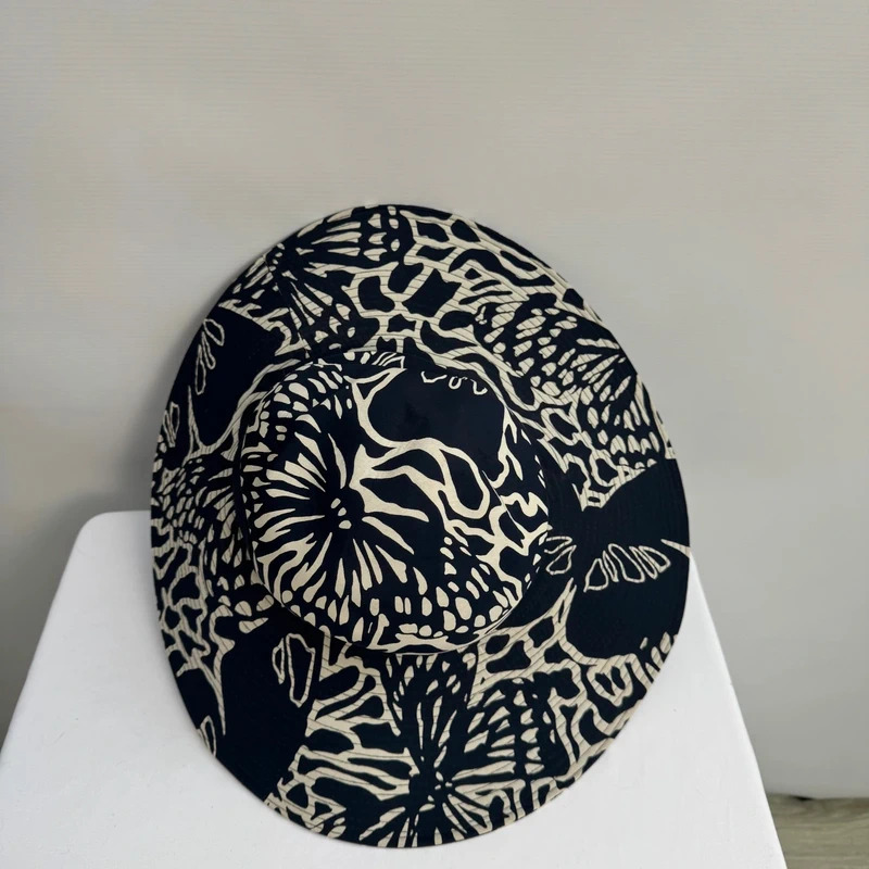 Jaeger Vintage Navy Cream Abstract Print Wide Brim Sun Hat Made in UK