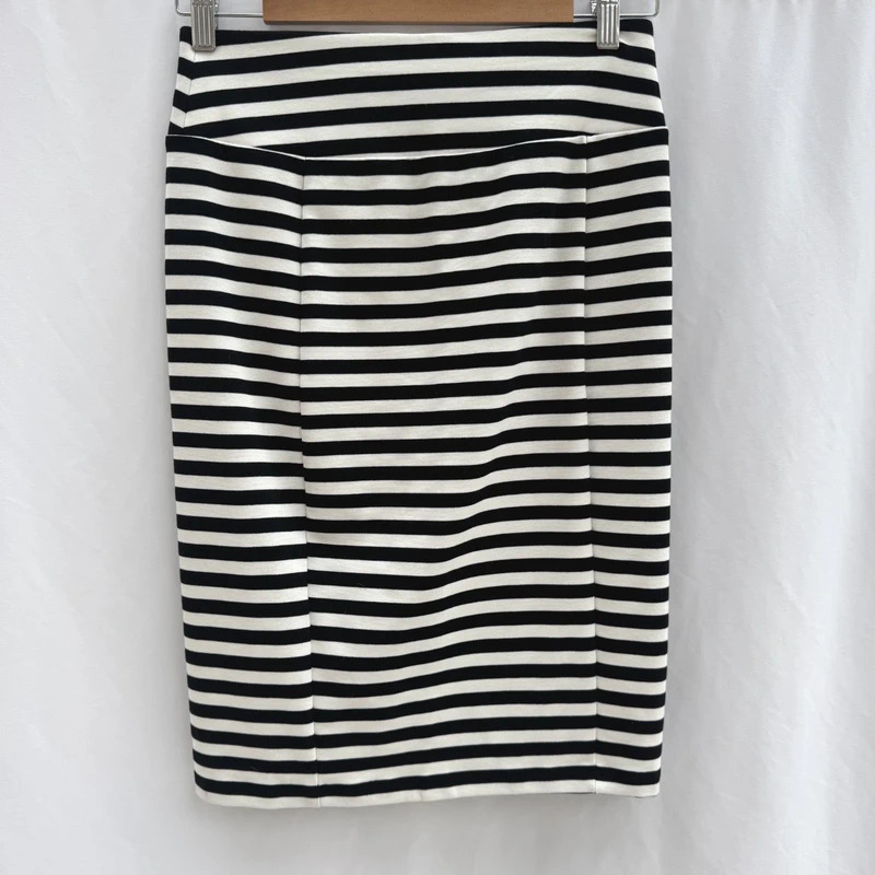 F&F Black White Stripe Pencil Skirt UK 10 Stretch Knit Knee Length