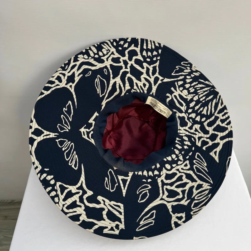 Jaeger Vintage Navy Cream Abstract Print Wide Brim Sun Hat Made in UK - Image 2