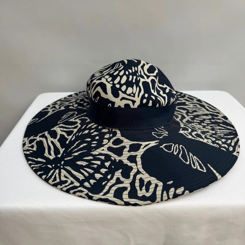Jaeger Vintage Navy Cream Abstract Print Wide Brim Sun Hat Made in UK - Image 5