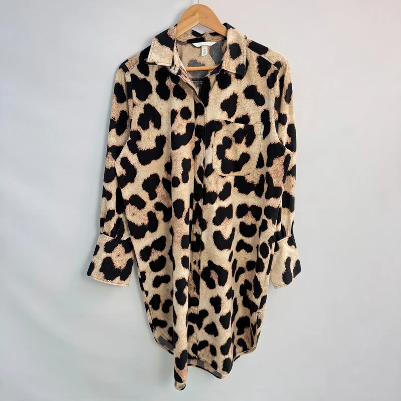 H&M Leopard Print Shirt Dress EUR S UK 10–12 Long Sleeve Relaxed Fit Button Front