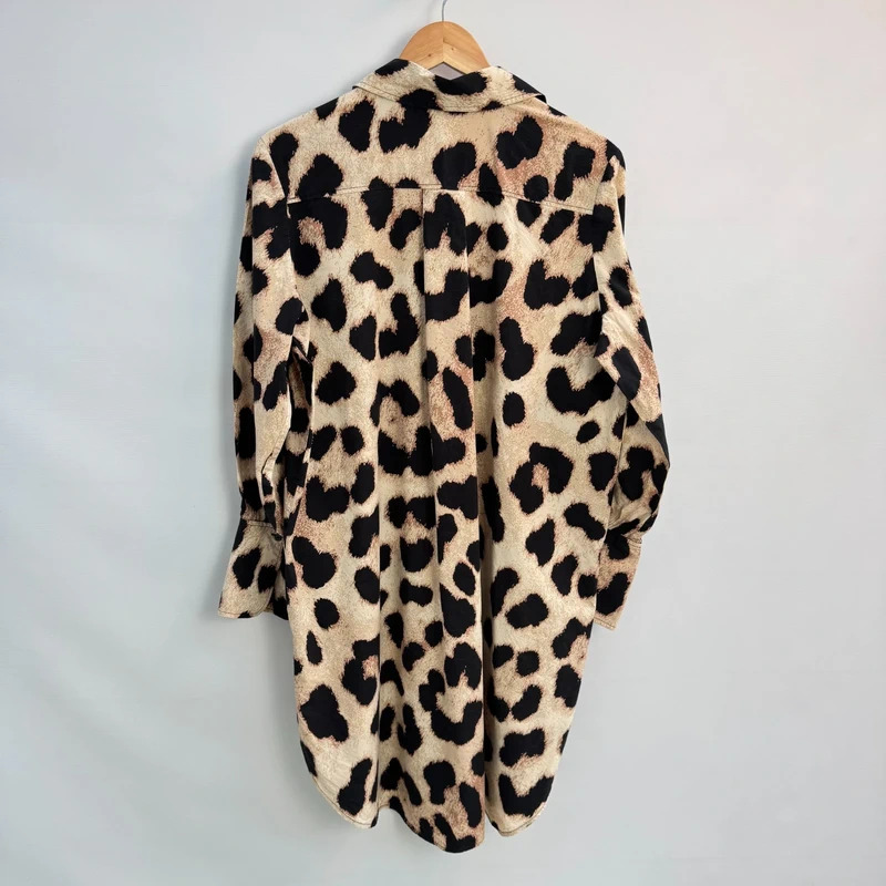 H&M Leopard Print Shirt Dress EUR S UK 10–12 Long Sleeve Relaxed Fit Button Front - Image 6