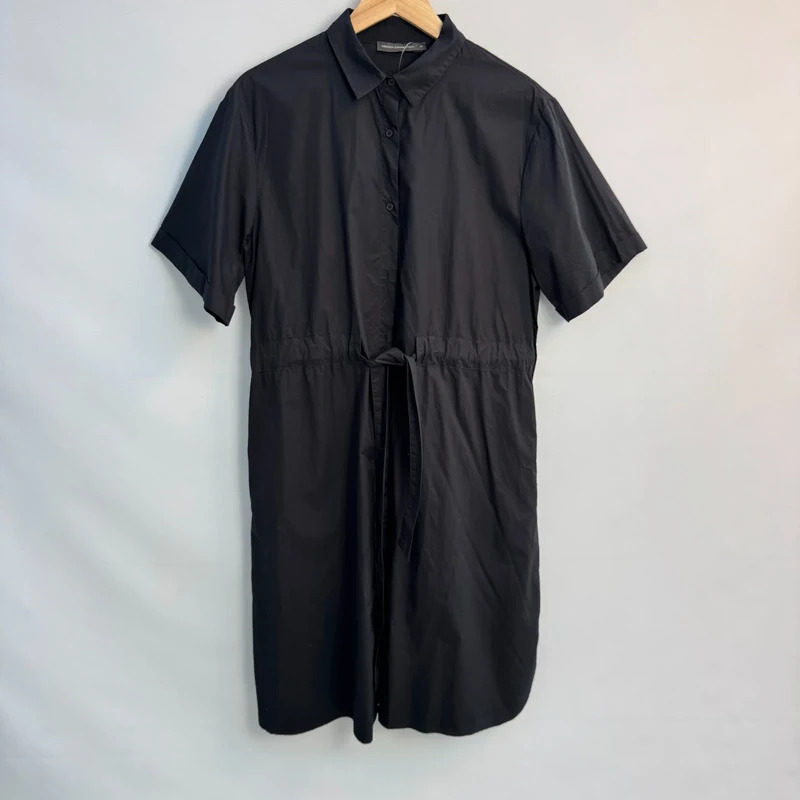 French Connection Black Cotton Shirt Dress UK 14 Drawstring Waist Short Sleeve Midi