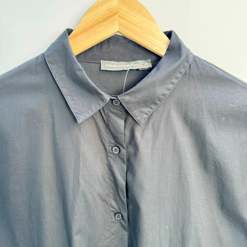 French Connection Black Cotton Shirt Dress UK 14 Drawstring Waist Short Sleeve Midi - Image 3