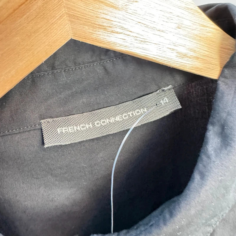 French Connection Black Cotton Shirt Dress UK 14 Drawstring Waist Short Sleeve Midi - Image 5