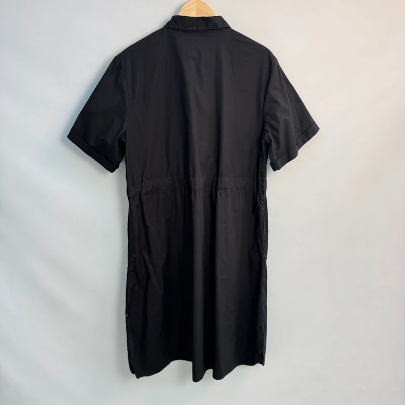 French Connection Black Cotton Shirt Dress UK 14 Drawstring Waist Short Sleeve Midi - Image 6