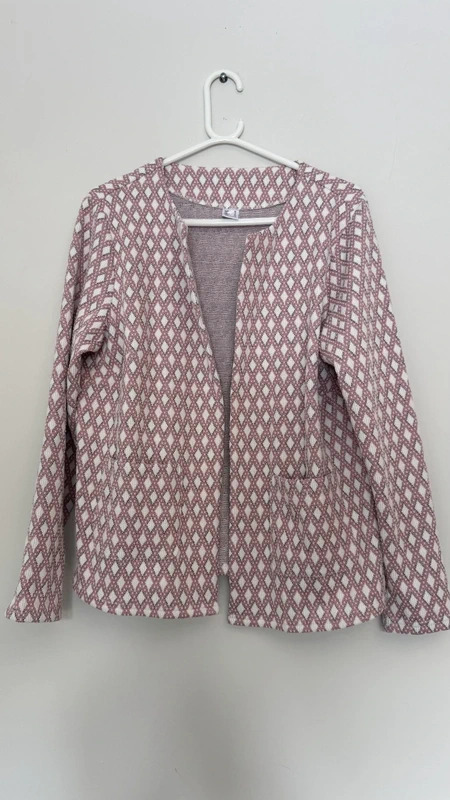 Pink White Diamond Knit Jacket Metallic Shimmer Open Front UK 18 Smart Casual