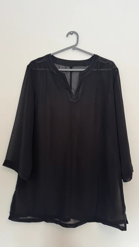 Women’s Black Sheer Tunic Top Size UK 16 Embellished Neck & Cuffs 3/4 Sleeve