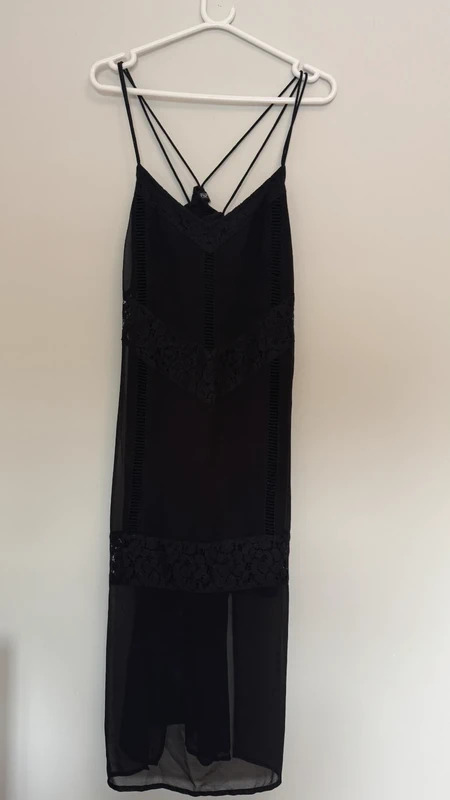F&F Black Lace Strappy Midi Dress UK 12 Sheer Chiffon Party Cocktail Dress