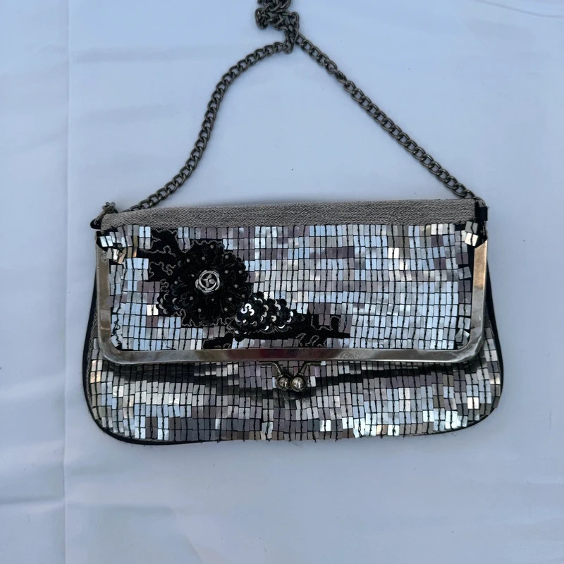 Vintage Silver Sequin Clutch Bag Black Floral Embellishment Chain Strap Evening Party