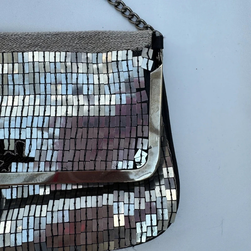 Vintage Silver Sequin Clutch Bag Black Floral Embellishment Chain Strap Evening Party - Image 2