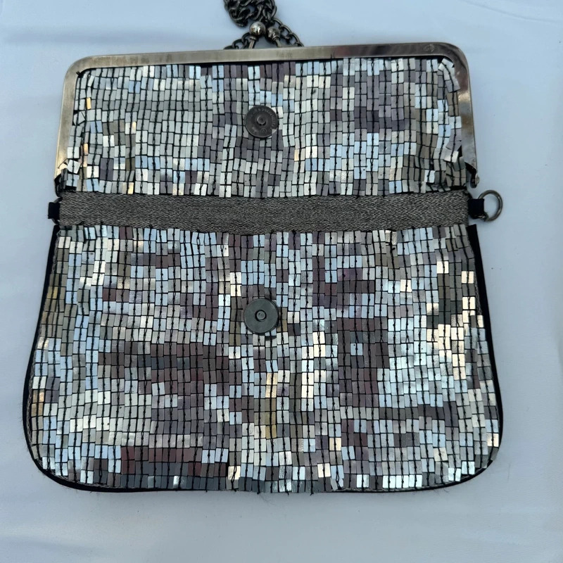 Vintage Silver Sequin Clutch Bag Black Floral Embellishment Chain Strap Evening Party - Image 5