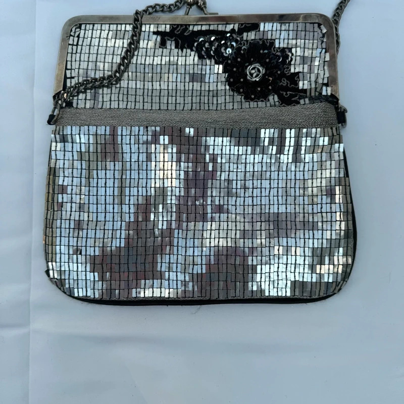 Vintage Silver Sequin Clutch Bag Black Floral Embellishment Chain Strap Evening Party - Image 6